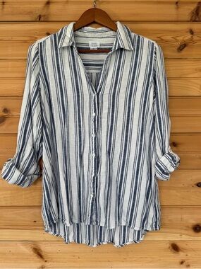 SIGRID OLSEN | Women’s Large White Navy Striped Button Down Roll Tab Shirt